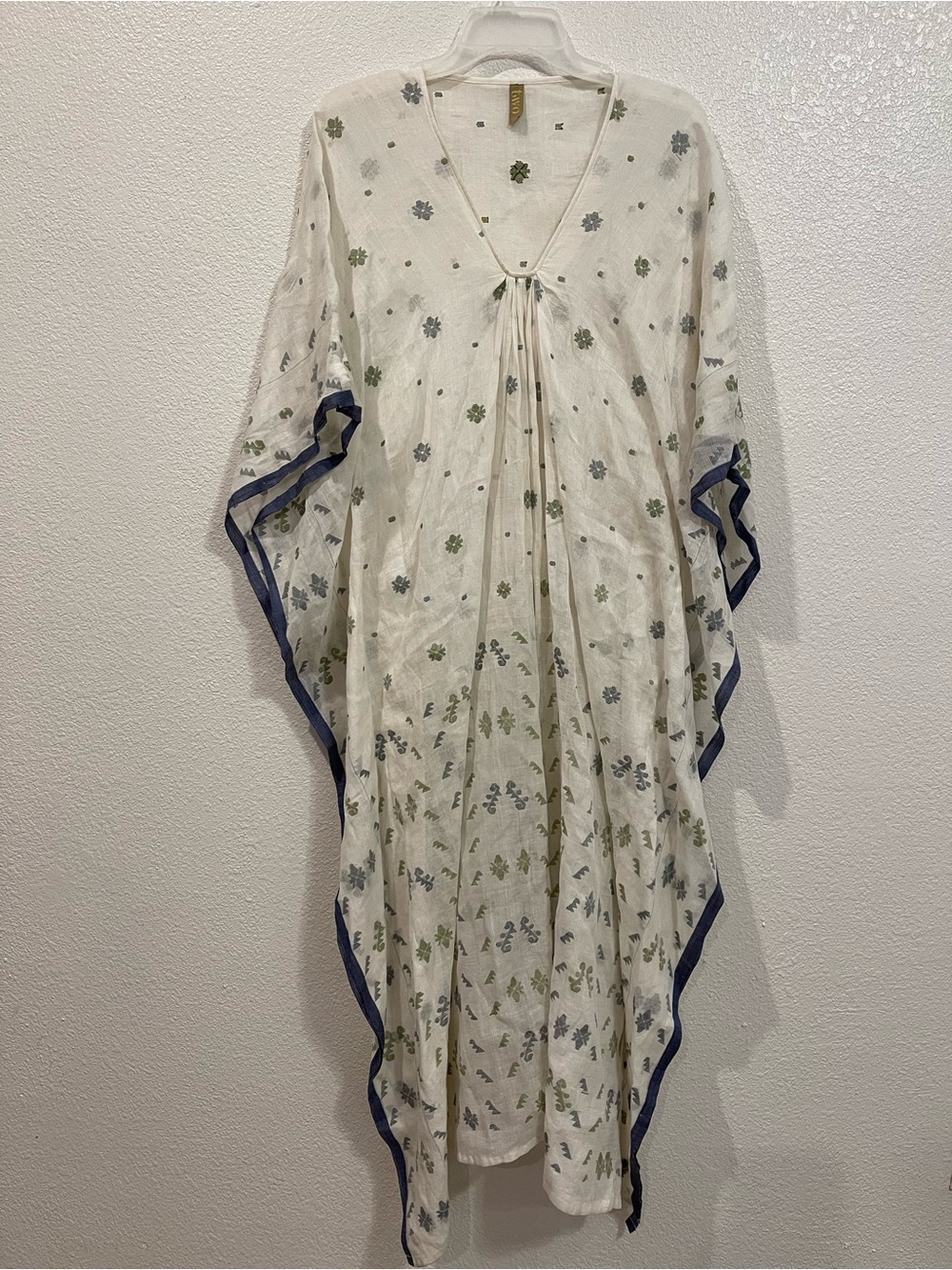 Two Cream Floral Lightweight Maxi Kaftan with Blue Trim